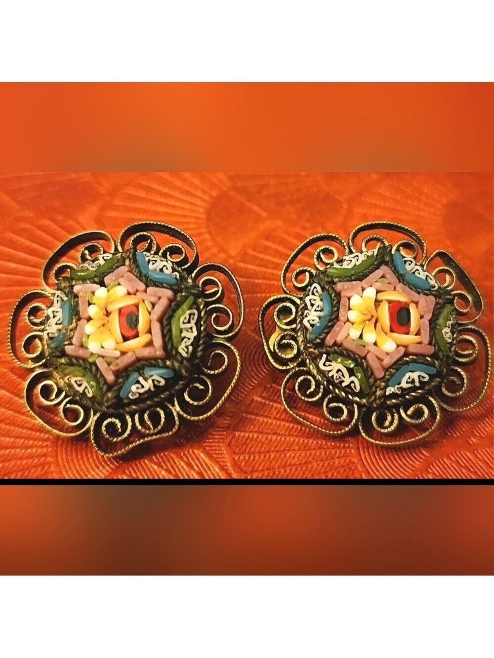 MICRO MOSAIC MILLEFIORI  ITALY FRAMED CLIP-ON EARRINGS-SIGNED 3/4" RARE#125